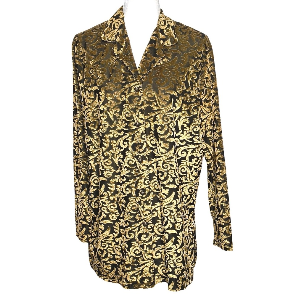 Vintage‎ Diane Von Furstenberg Button Up Women Large Gold Burnout Velvet Damask